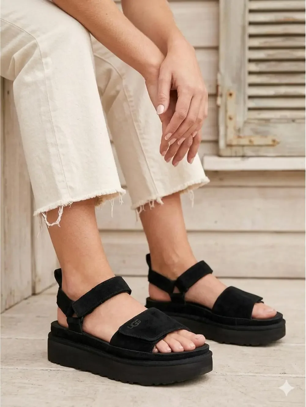 UGG Goldenstar Black Suede Platform Sandals 9 - Picture 1 of 7